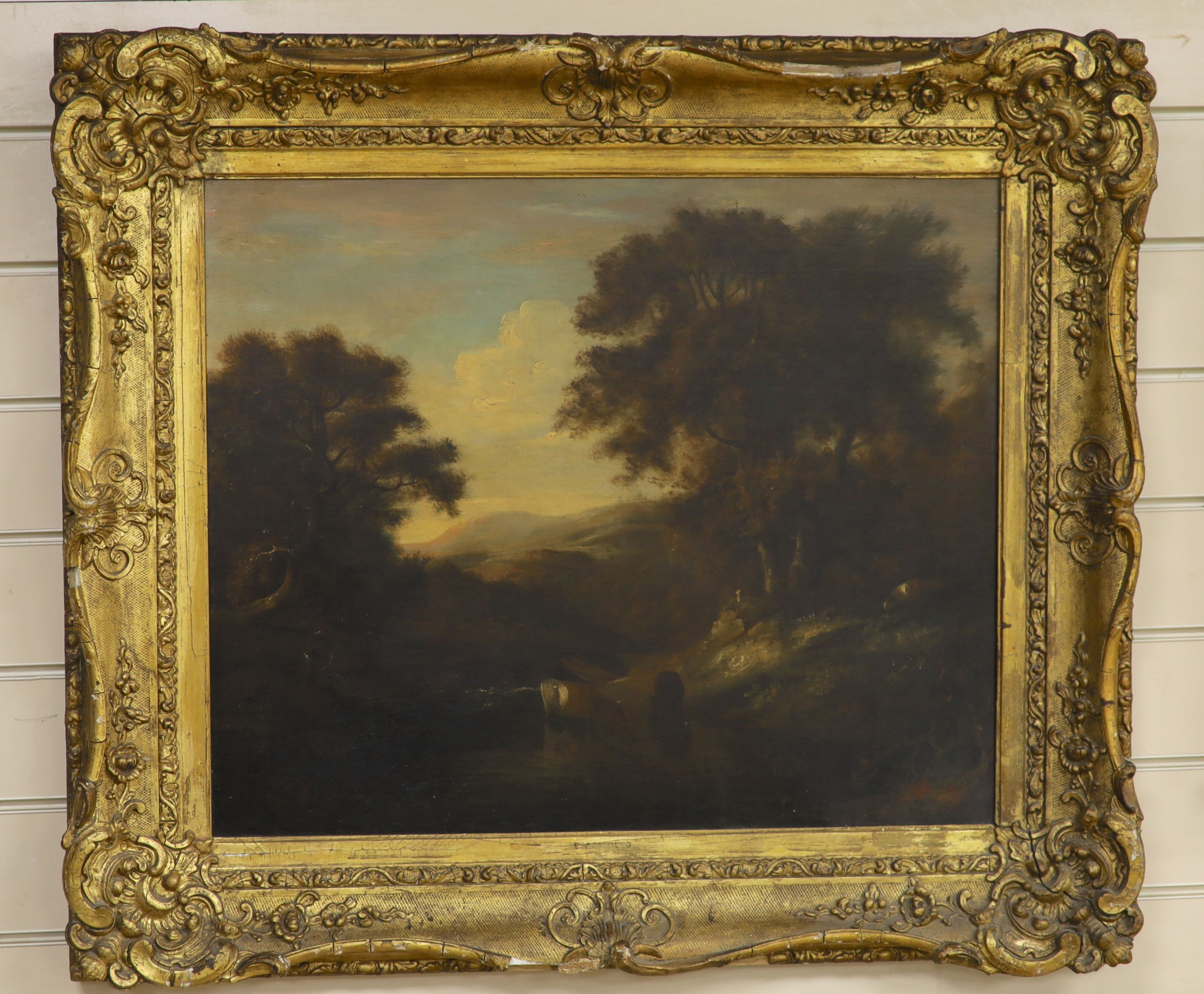 19th century English School, oil on canvas, Cattle watering in a landscape, 49 x 59cm